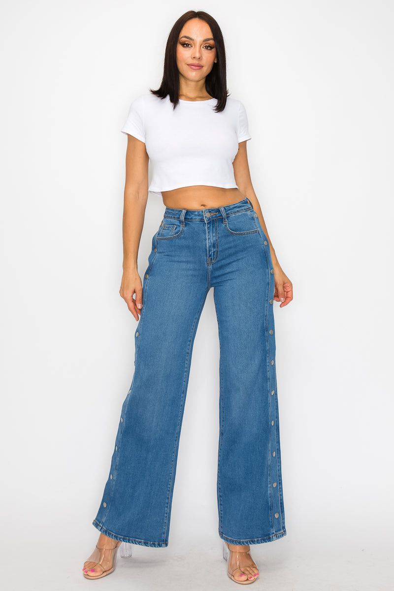 Button Decor High Rise Wide Leg Jeans