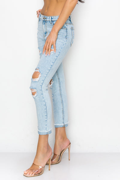 Khloe - High Rise Destructed Roll Fray Mom Jeans