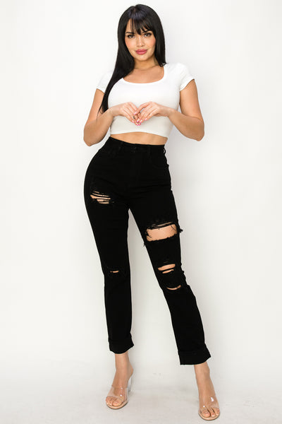 Anastasia - High Rise Destructed Black Mom Jeans