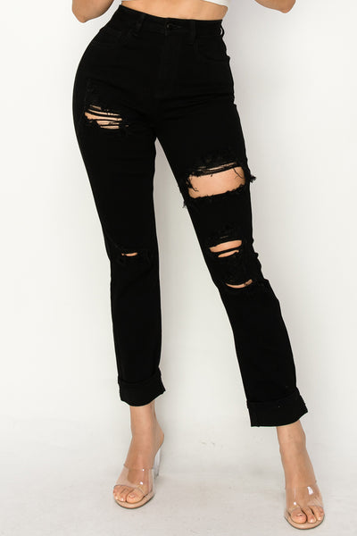 Anastasia - High Rise Destructed Black Mom Jeans