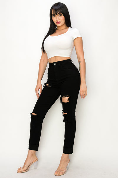 Anastasia - High Rise Destructed Black Mom Jeans
