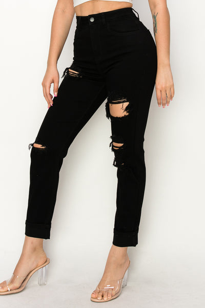 Anastasia - High Rise Destructed Black Mom Jeans