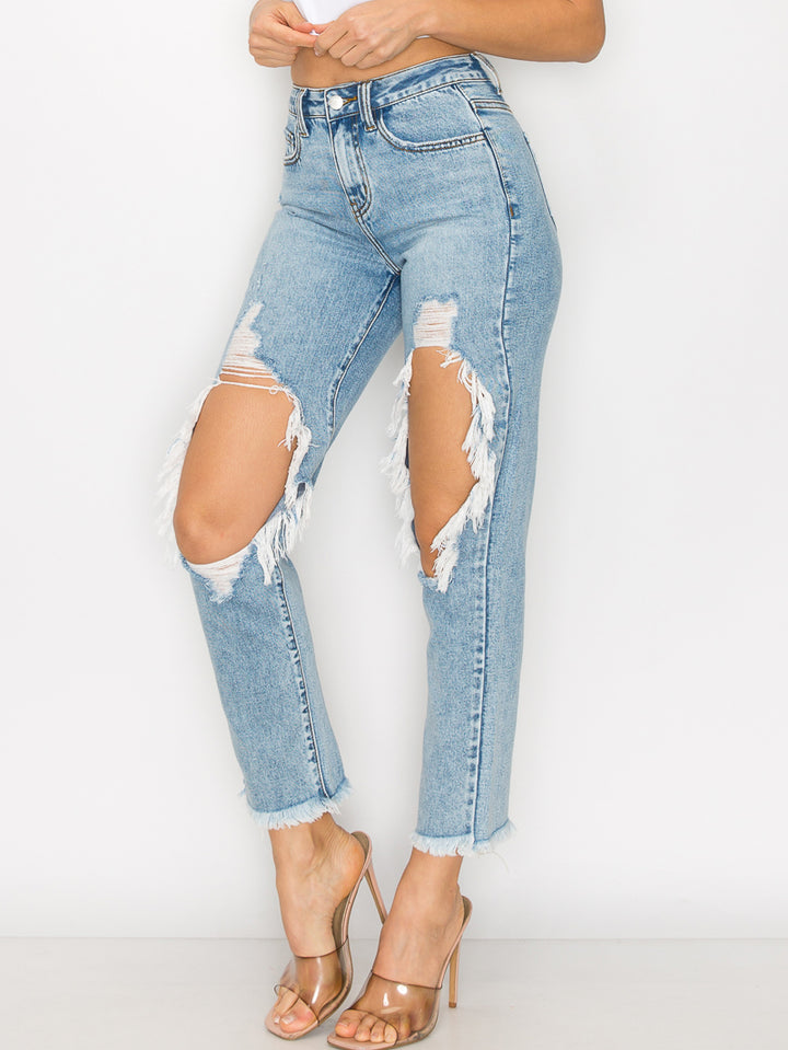 Hallie - High Rise Knee Hole Destructed 50/50 Straight Leg