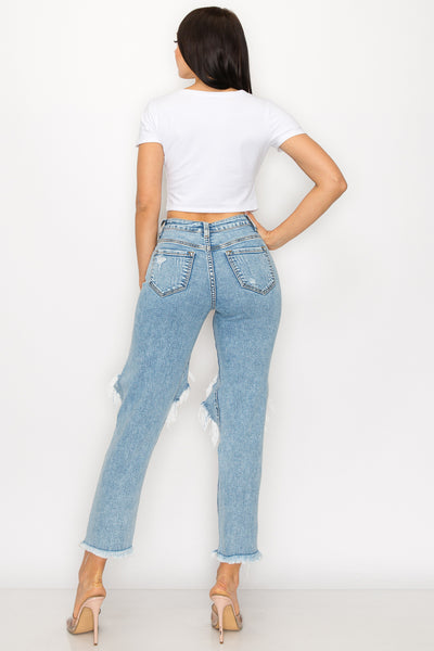 Hallie - High Rise Knee Hole Destructed 50/50 Straight Leg