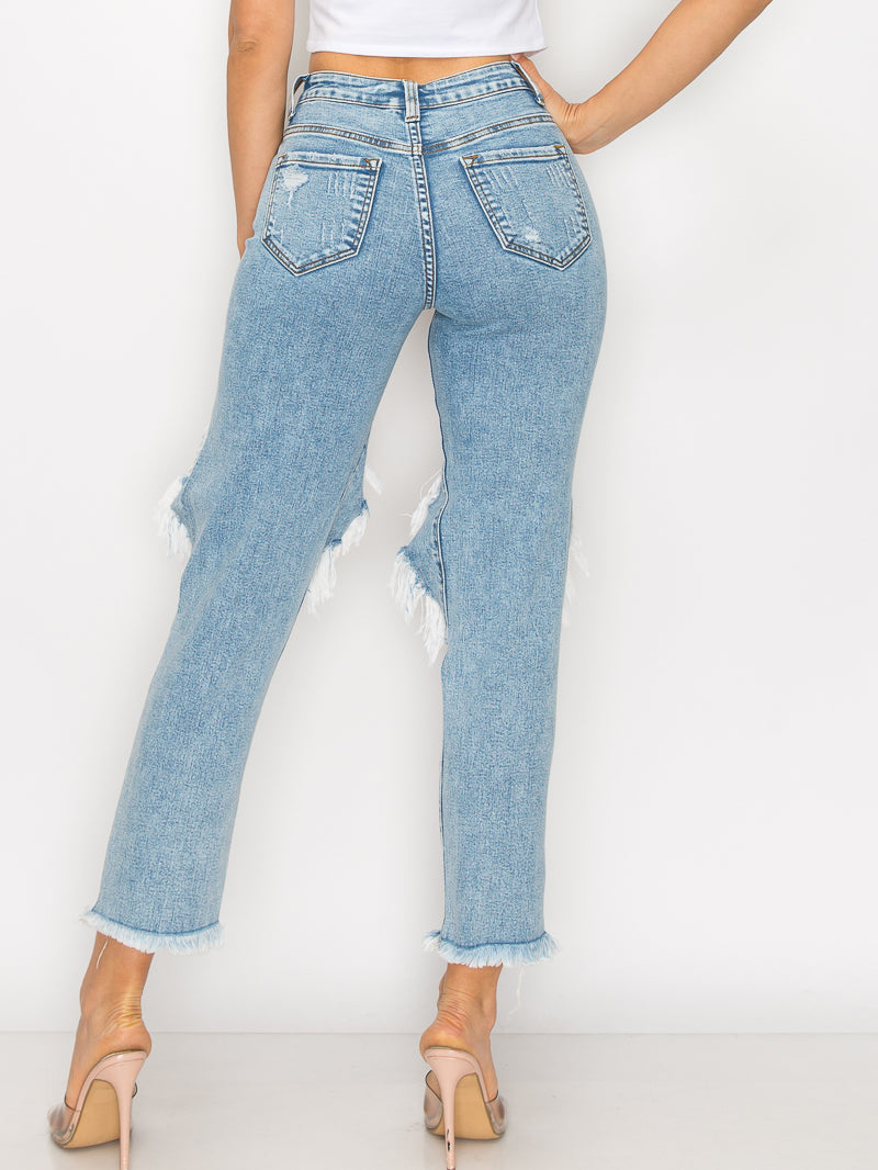 Hallie - High Rise Knee Hole Destructed 50/50 Straight Leg