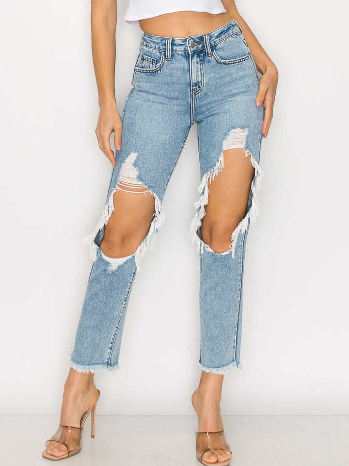 Hallie - High Rise Knee Hole Destructed 50/50 Straight Leg