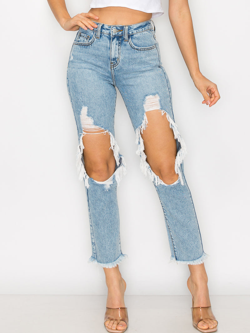 Hallie - High Rise Knee Hole Destructed 50/50 Straight Leg