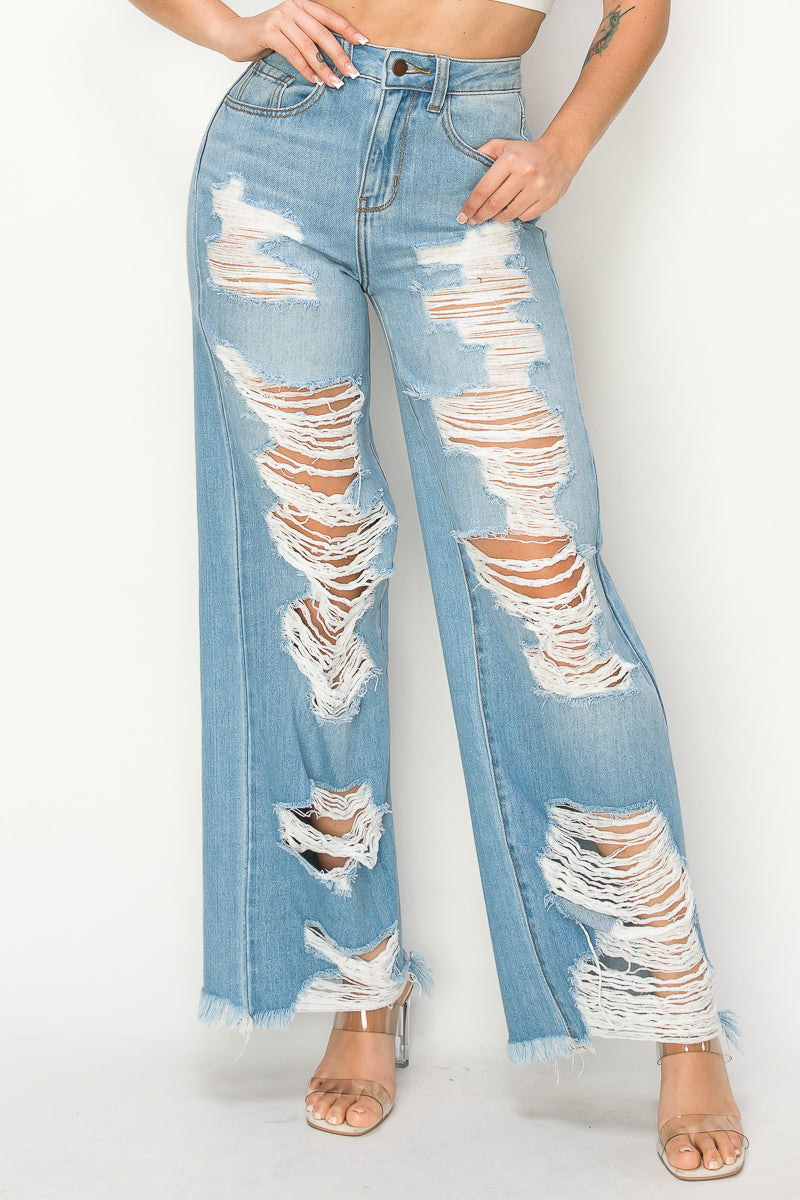 Anna - Super Destructed High Rise 50/50 Wide Leg