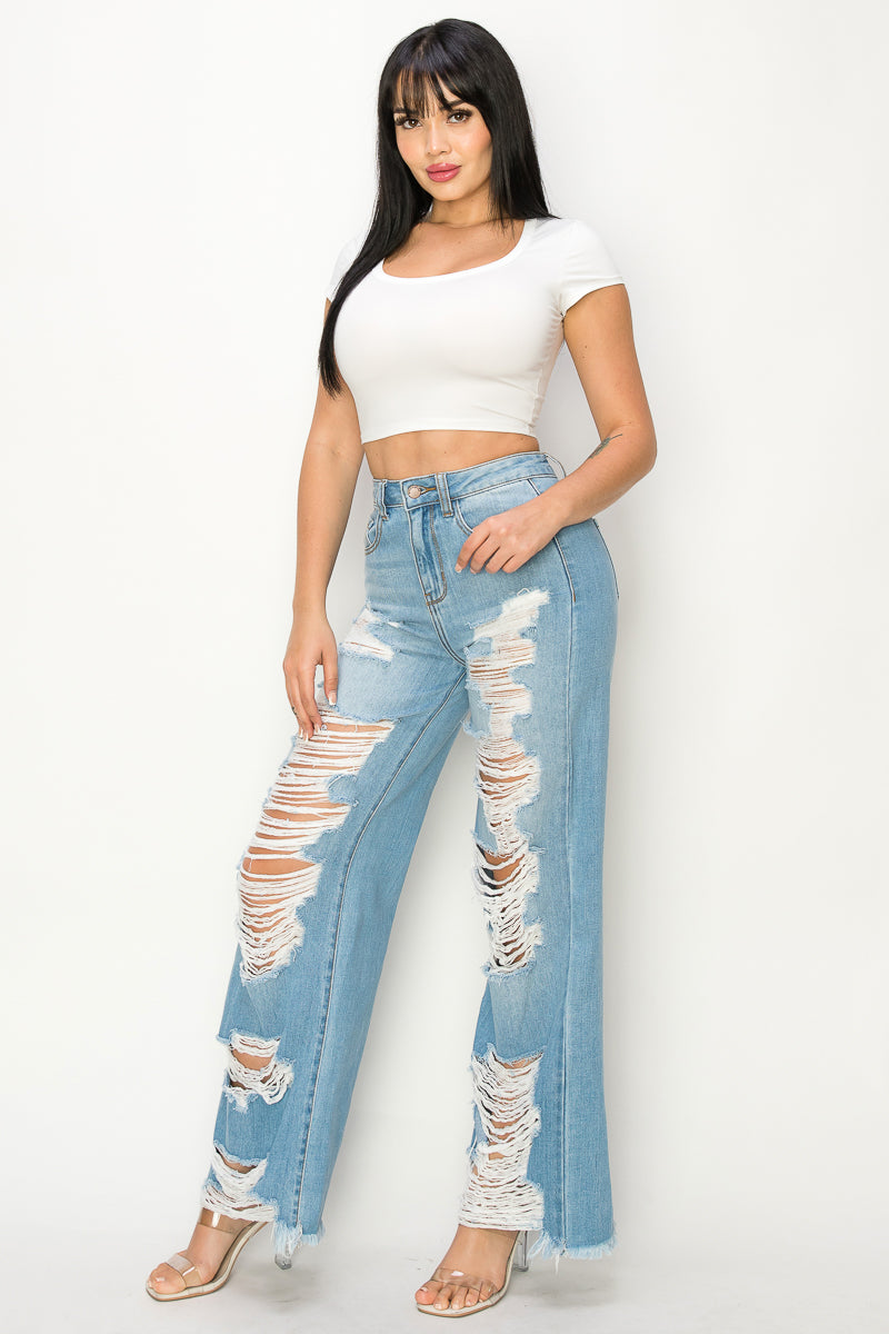 Anna - Super Destructed High Rise 50/50 Wide Leg
