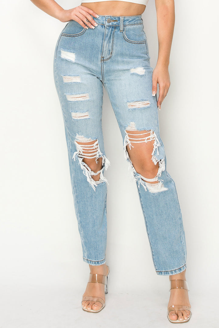 Lydia - Destructed High Rise 50/50 Mom Jeans