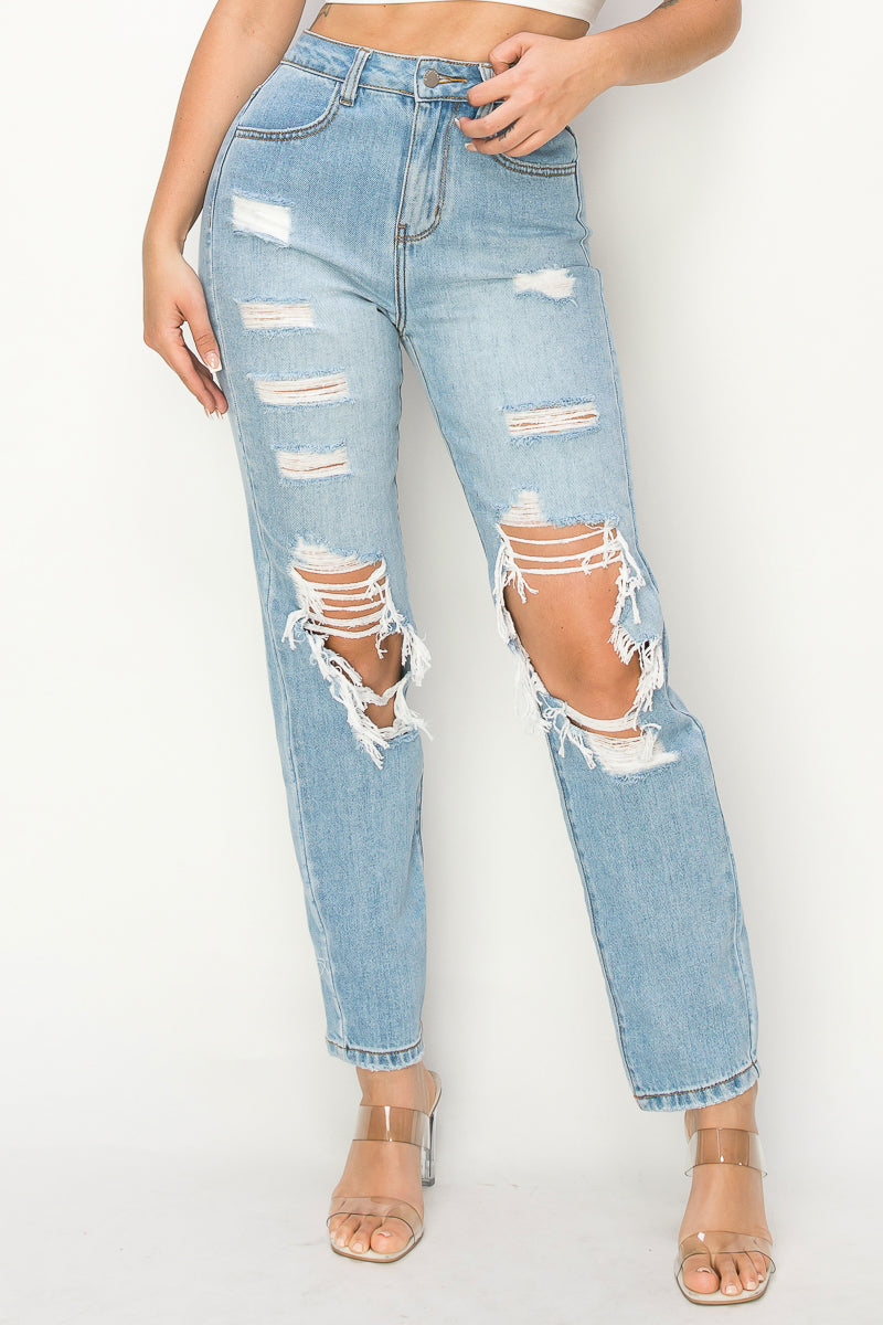Lydia - Destructed High Rise 50/50 Mom Jeans