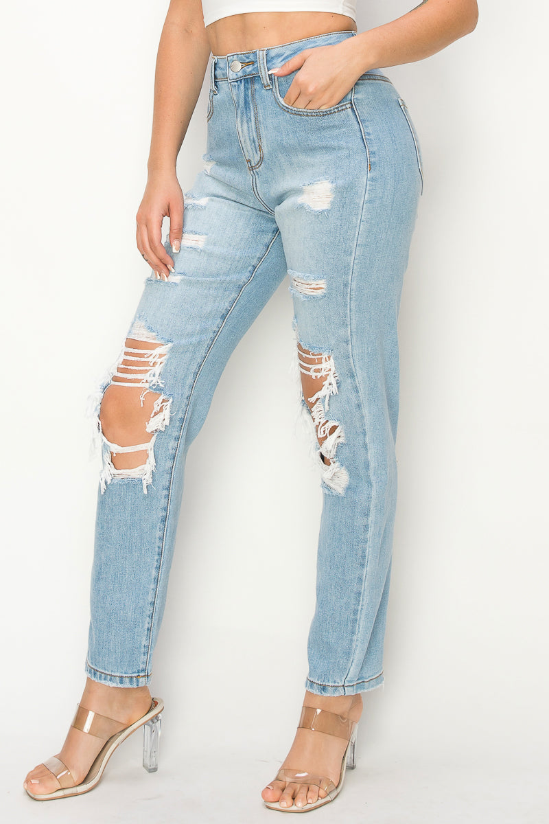 Lydia - Destructed High Rise 50/50 Mom Jeans
