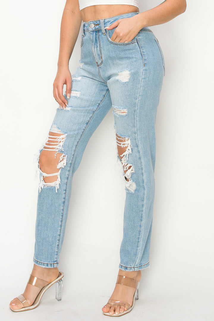 Lydia - Destructed High Rise 50/50 Mom Jeans