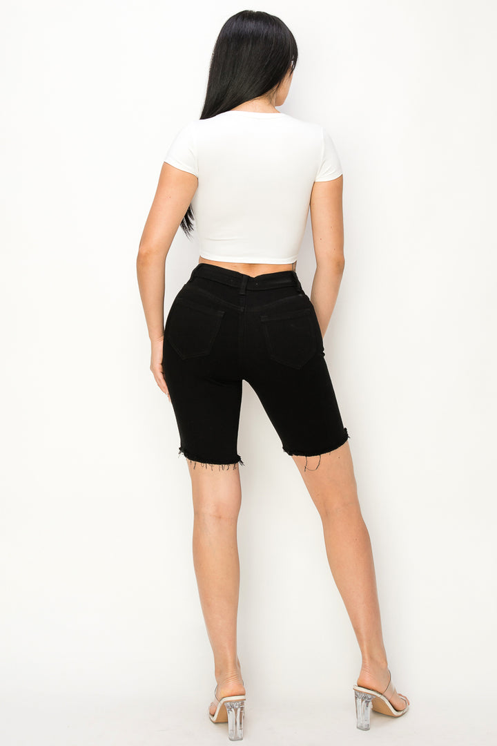 Blossom - Black High Rise Destructed Fray Bermuda