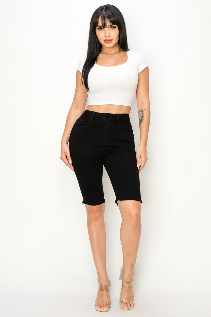 Emery - High Rise Rear Fray Pocket & Fray Hem Bermuda