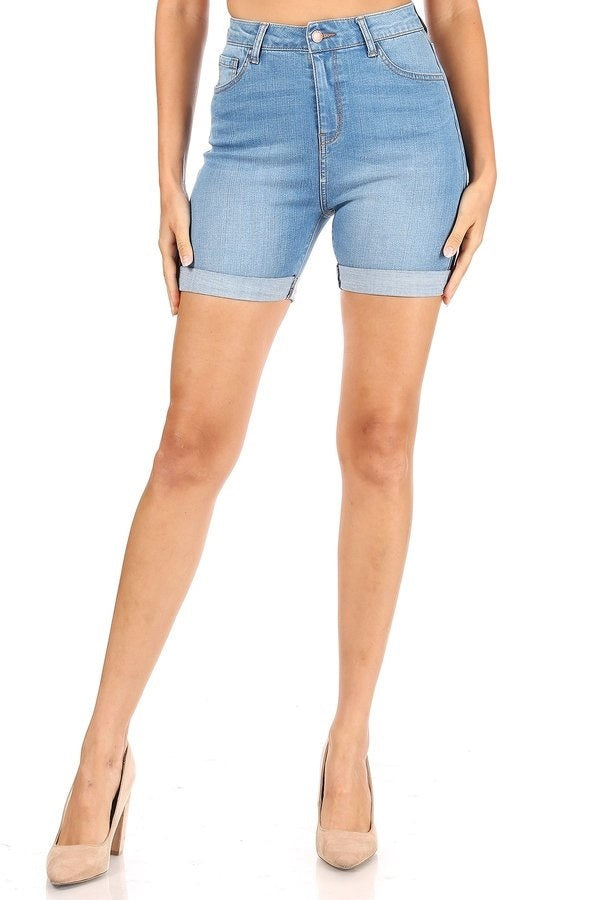 Allison - Shorts Midi Clássico de cintura alta com punho enrolado