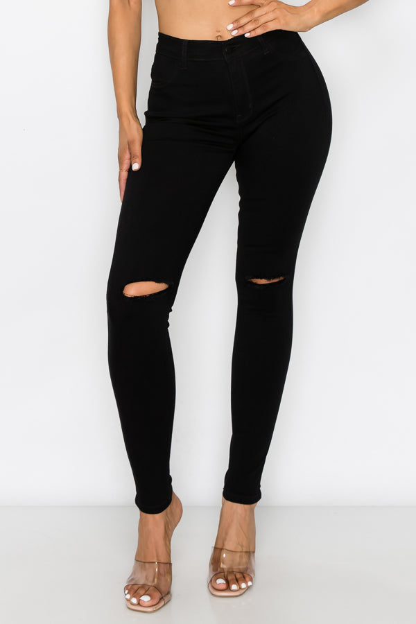 Brandi - Jean skinny fendu aux genoux épuré et élégant à taille haute