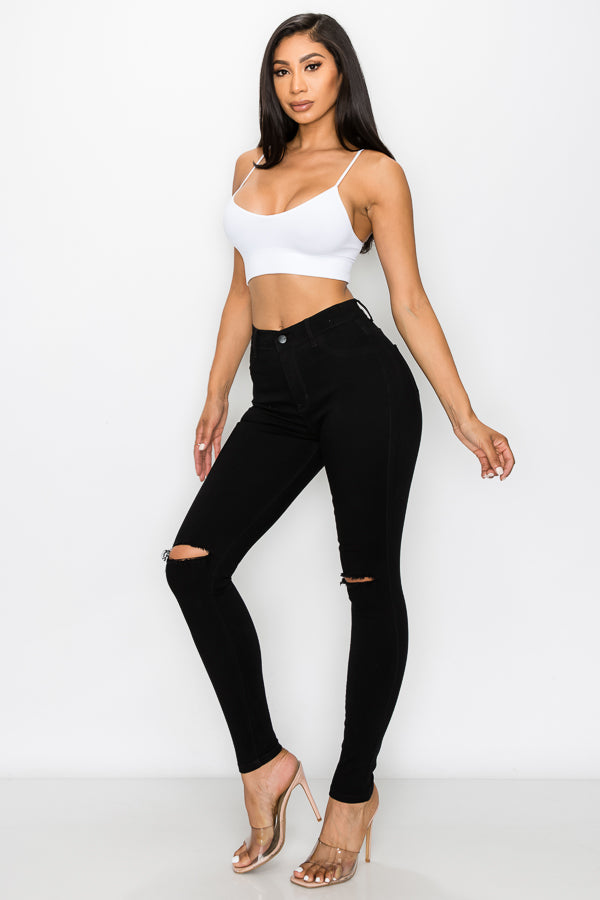 Brandi - Jean skinny fendu aux genoux épuré et élégant à taille haute