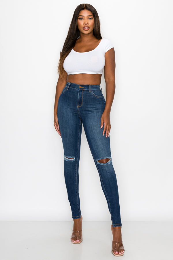 Brandi - Jean skinny fendu aux genoux épuré et élégant à taille haute
