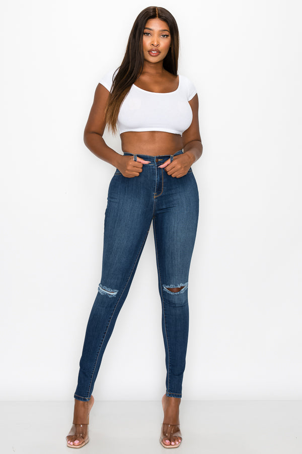 Brandi - Jean skinny fendu aux genoux épuré et élégant à taille haute