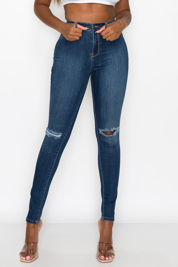 Brandi - Jean skinny fendu aux genoux épuré et élégant à taille haute