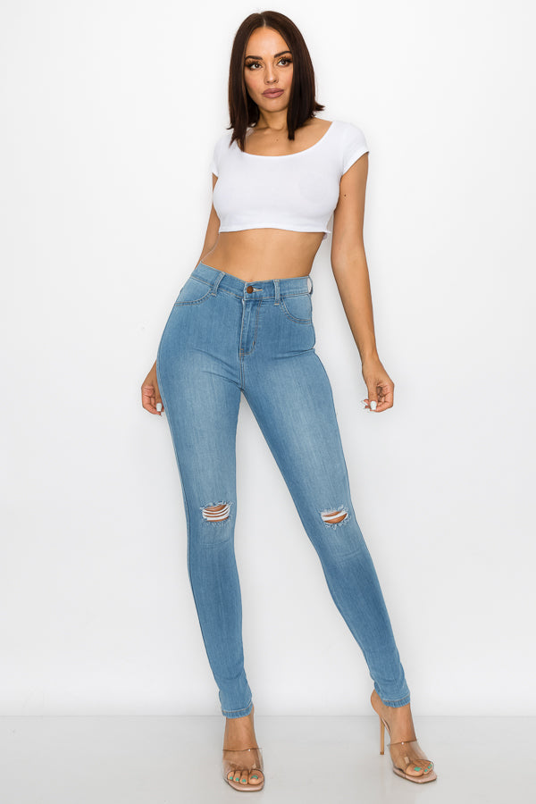 Brandi - Jean skinny fendu aux genoux épuré et élégant à taille haute