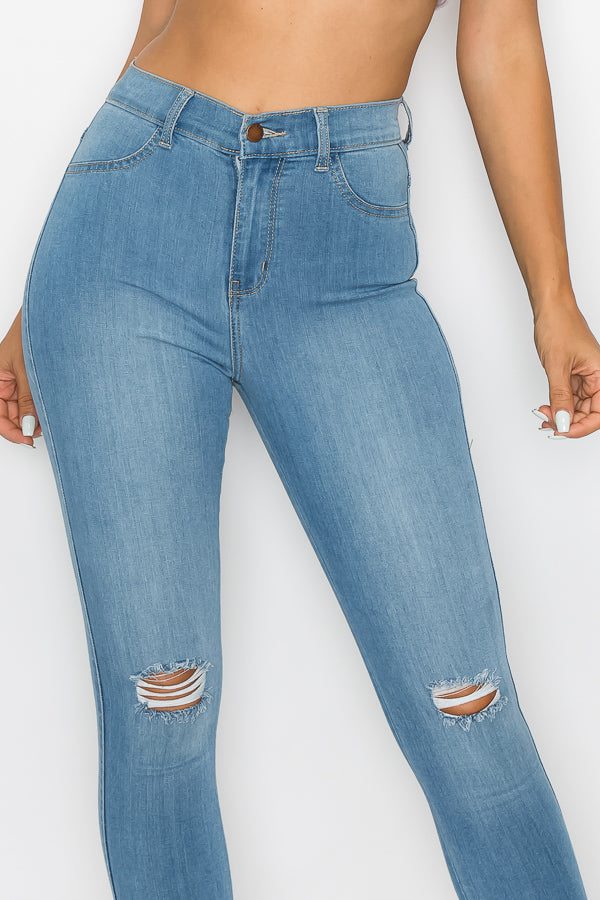 Brandi - Jean skinny fendu aux genoux épuré et élégant à taille haute