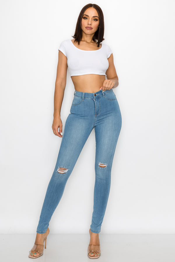 Brandi - Jean skinny fendu aux genoux épuré et élégant à taille haute
