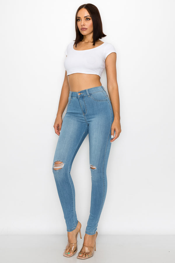 Brandi - Jean skinny fendu aux genoux épuré et élégant à taille haute