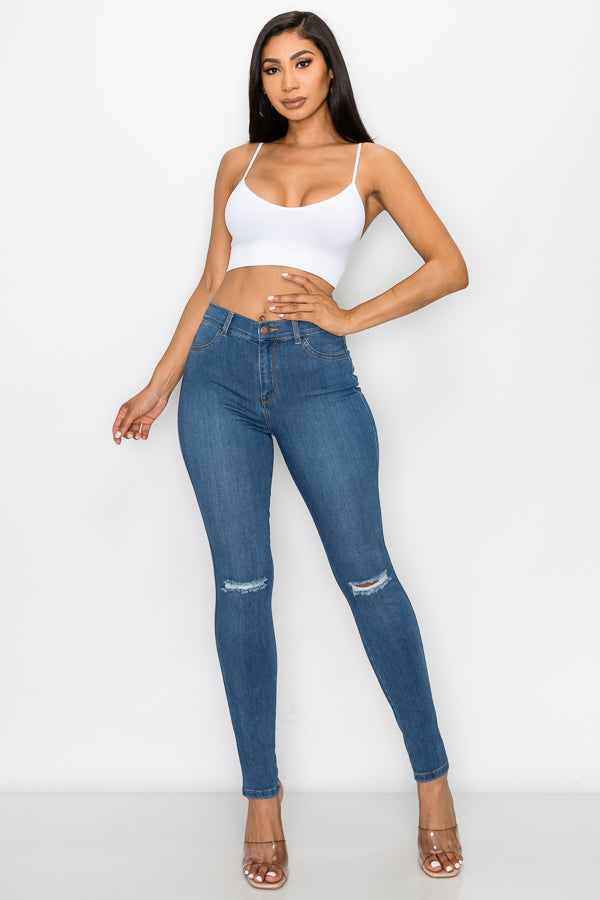 Brandi - Jean skinny fendu aux genoux épuré et élégant à taille haute