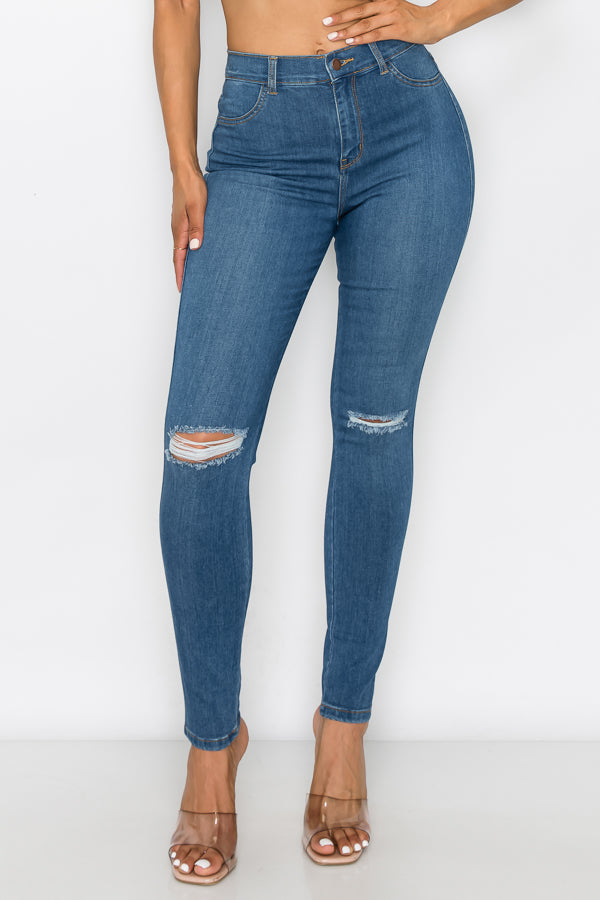 Brandi - Jean skinny fendu aux genoux épuré et élégant à taille haute