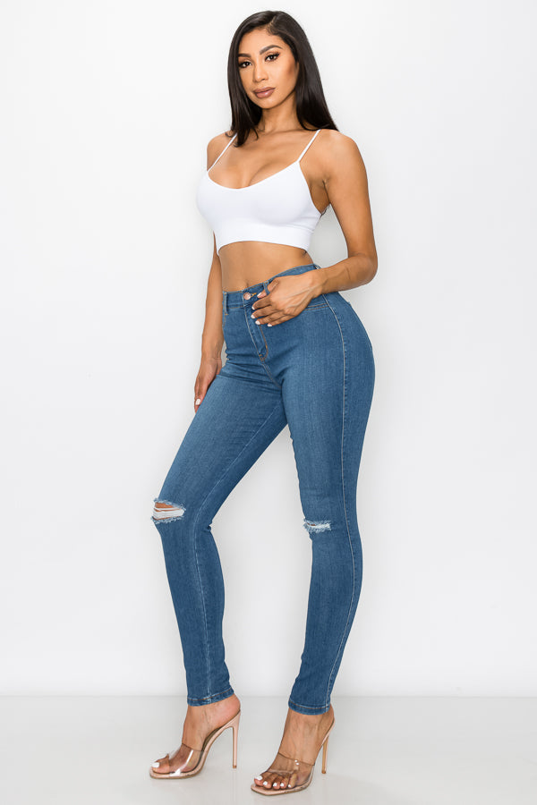 Brandi - Jean skinny fendu aux genoux épuré et élégant à taille haute