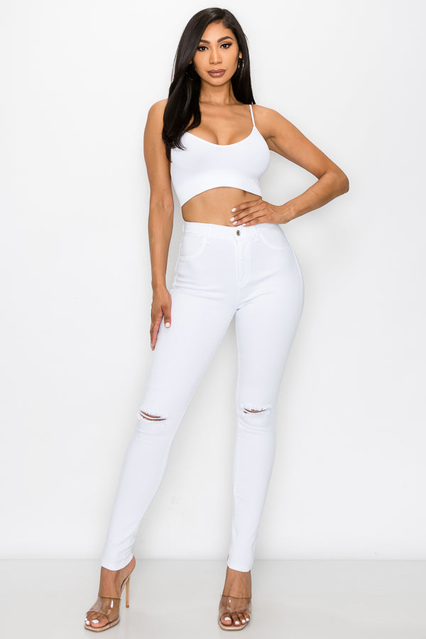 Brandi - Jean skinny fendu aux genoux épuré et élégant à taille haute