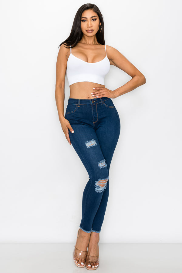 Janet - Jean skinny effiloché à taille haute