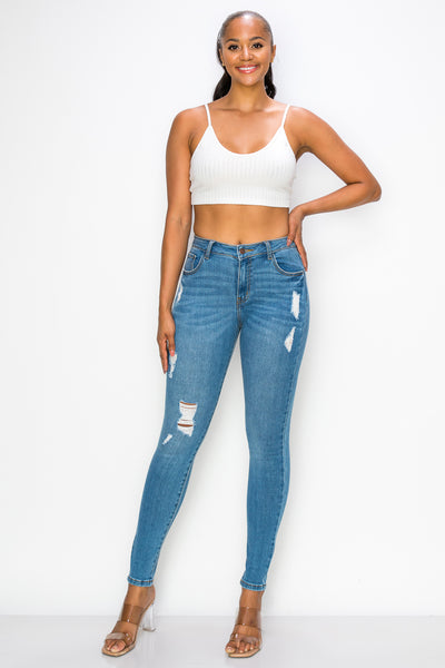 Mary - Jean skinny haut de gamme légèrement usé à taille haute