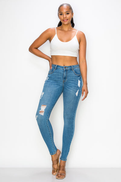 Mary - Jean skinny haut de gamme légèrement usé à taille haute