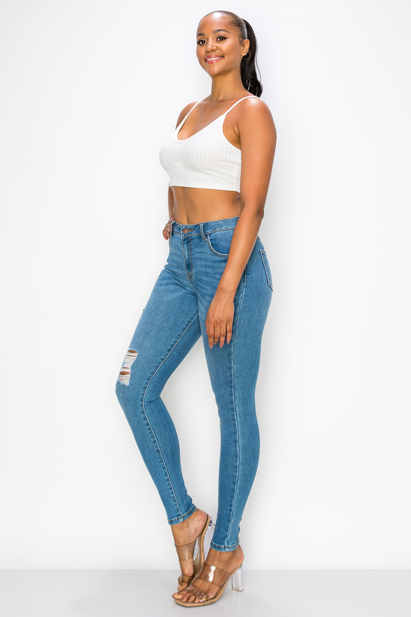 Mary - Jean skinny haut de gamme légèrement usé à taille haute