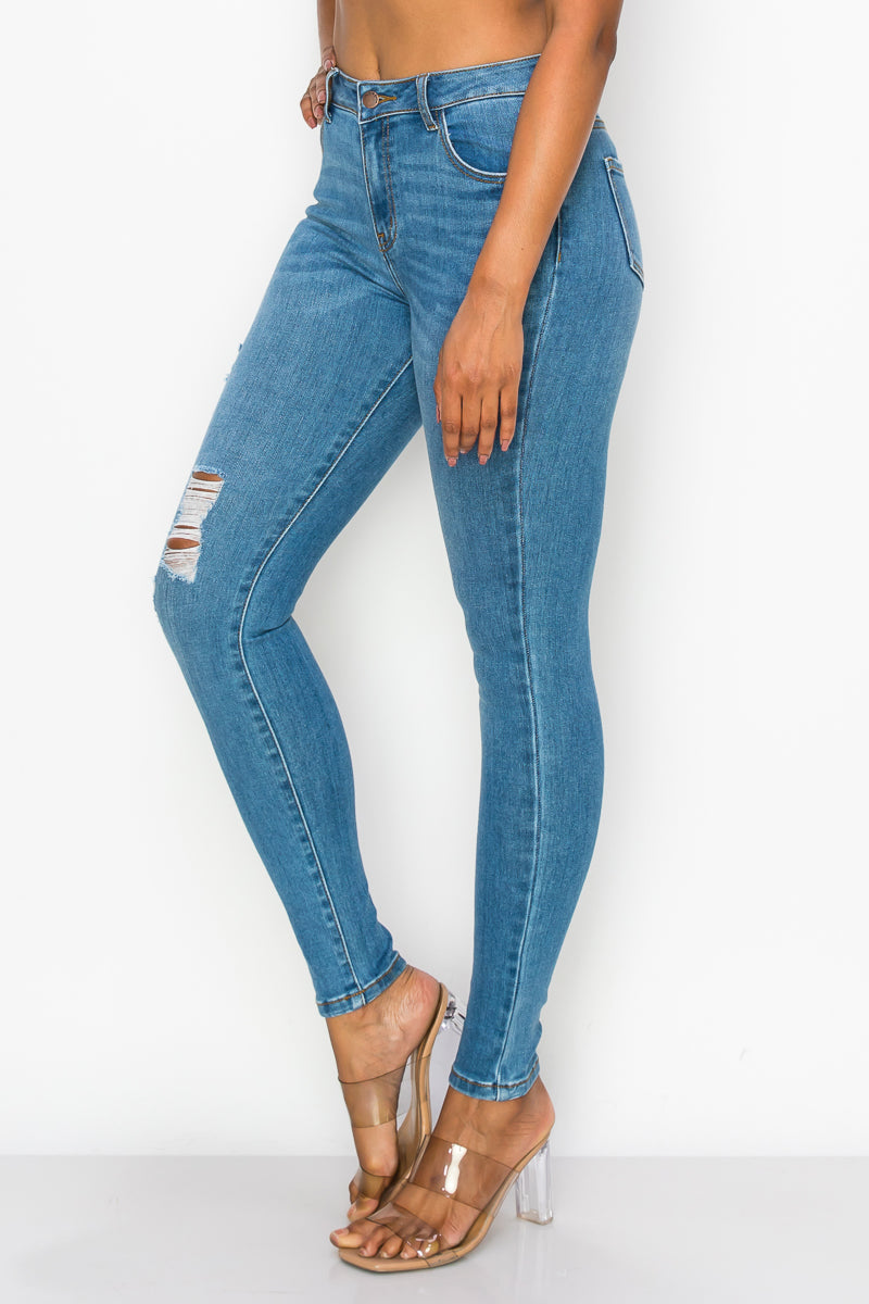 Mary - Jean skinny haut de gamme légèrement usé à taille haute