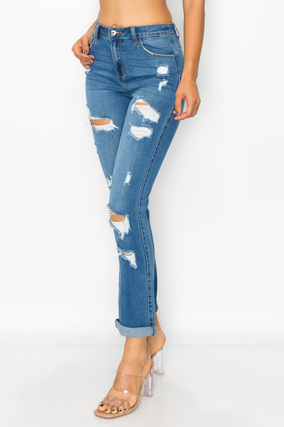 Brittany - High Rise Destructed Rolled Cuff Straight Leg