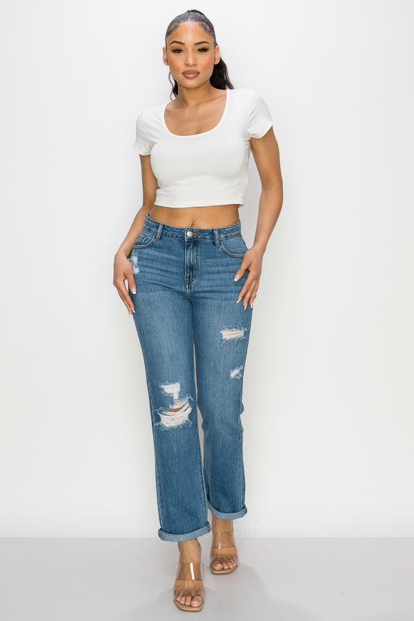 Leina - High Rise Destructed Roll Cuff Straight