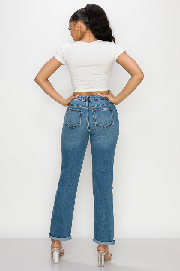 Leina - High Rise Destructed Roll Cuff Straight