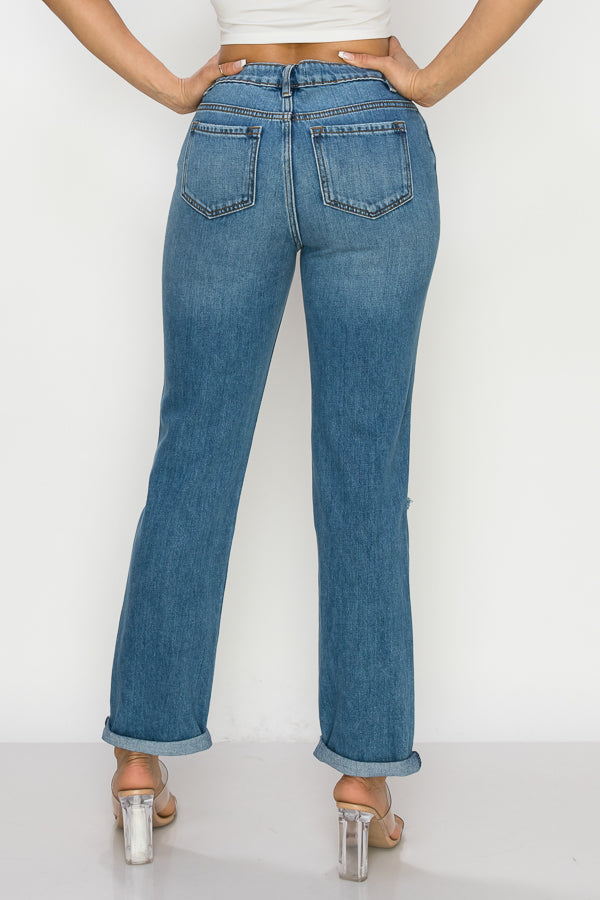 Leina - High Rise Destructed Roll Cuff Straight