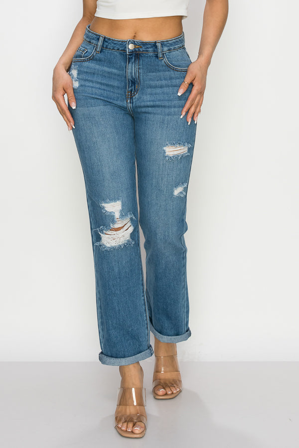 Leina - High Rise Destructed Roll Cuff Straight
