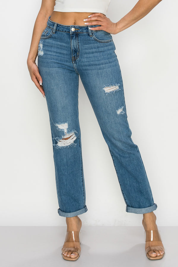 Leina - High Rise Destructed Roll Cuff Straight