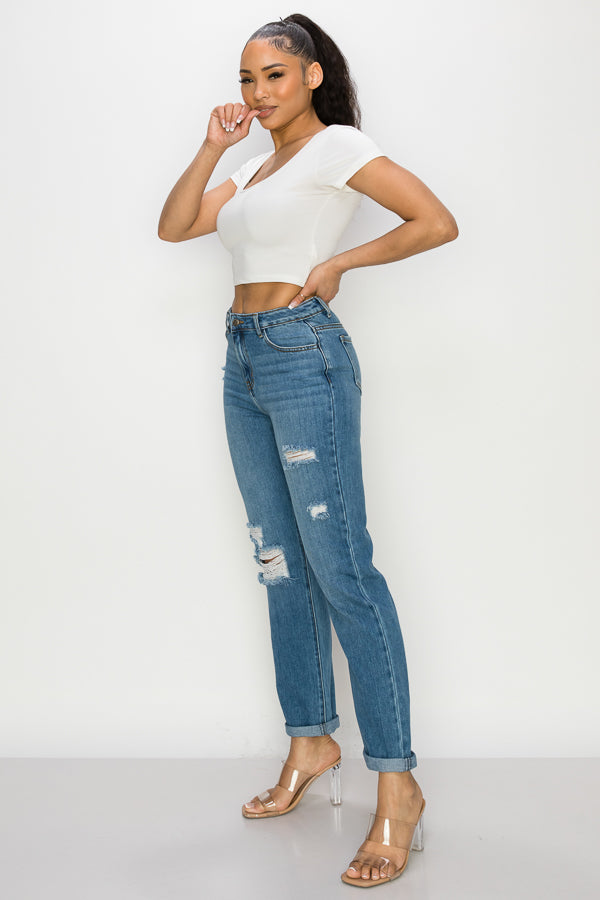 Leina - High Rise Destructed Roll Cuff Straight