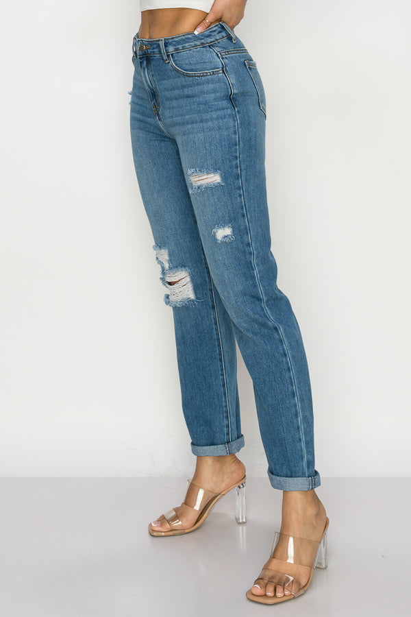 Leina - High Rise Destructed Roll Cuff Straight