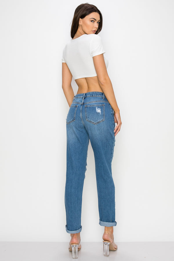 Hailey - High Rise Destructed Rolled Boyfriend Jeans
