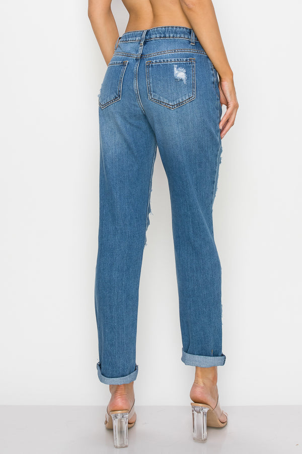 Hailey - High Rise Destructed Rolled Boyfriend Jeans