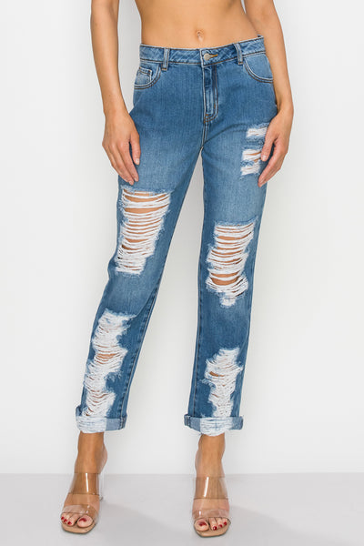 Hailey - High Rise Destructed Rolled Boyfriend Jeans