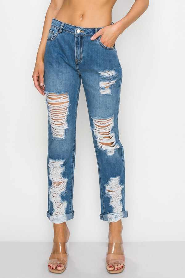 Hailey - High Rise Destructed Rolled Boyfriend Jeans